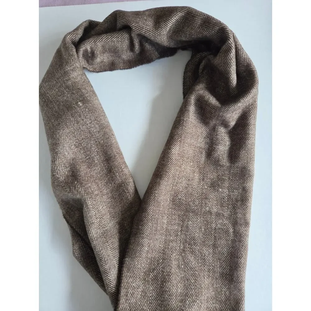 100% Cashmere Herringbone Scarf Brown Made in Scotland 67” Classic Fringe